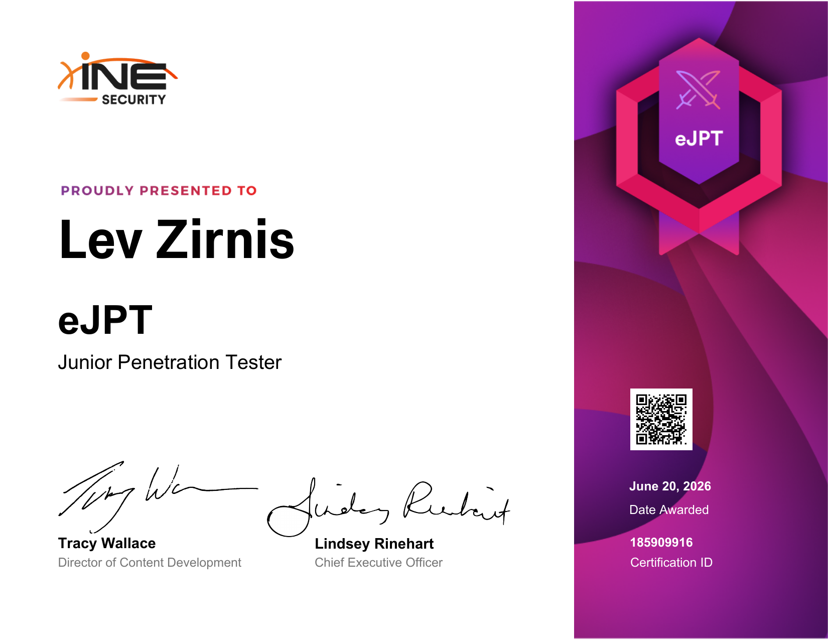Сертификат INE Security eJPT, выданный Lev Zirnis